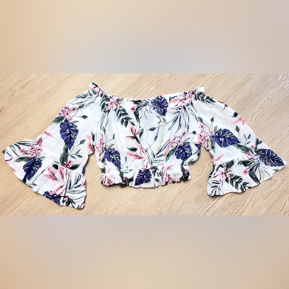 H&M Divided Floral Off Shoulder Smocked Crop Top Boho Bell Sleeve Size 4